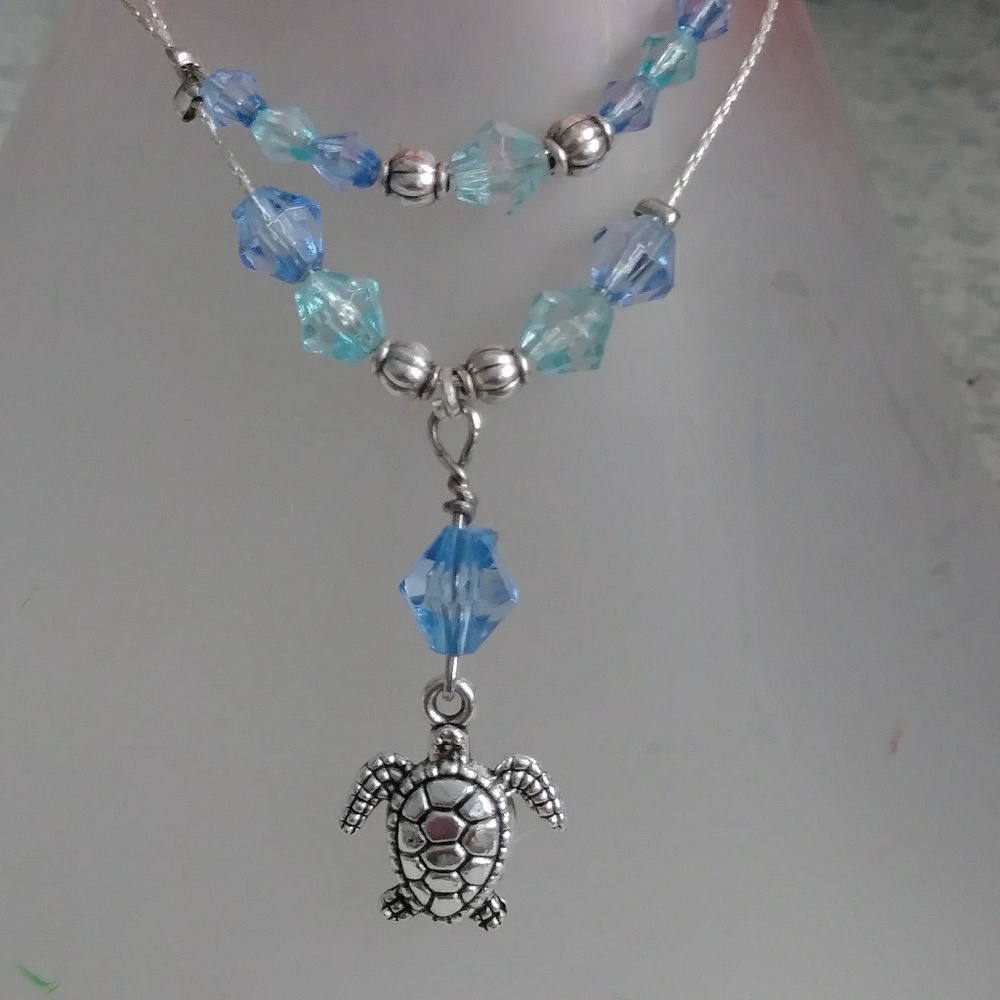 Silver Turtle Blue and Aqua Crystal ANKLET